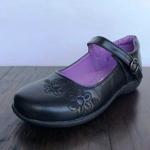 Kids Girls Leatherette Floral Perforated Decor Velcro Strap School Uniform Shoe